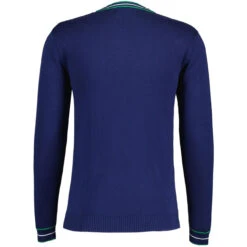 Fellini Pointelle Knit Tipped V-neck Jumper In Navy -Fashionable Men's Clothing Store madcap england fellini tipped v neck jumper navy mc1050 1 77268.1695997605
