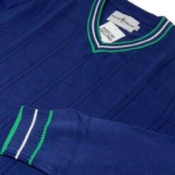 Fellini Pointelle Knit Tipped V-neck Jumper In Navy -Fashionable Men's Clothing Store madcap england fellini tipped v neck jumper navy mc1050 5 61488.1695997603