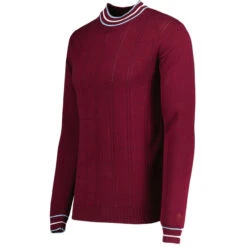 Moore Mod Pointelle Knit Tipped Mock Turtleneck Jumper In Zinfandel -Fashionable Men's Clothing Store madcap england moore tipped pointelle knit tee zinfandel mc1049 2 09981.1695997397