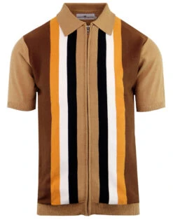 Victor 60s Mod Stripe Zip Polo TAN -Fashionable Men's Clothing Store madcap england victor stripe polo cardigan 3 48718.1661267921